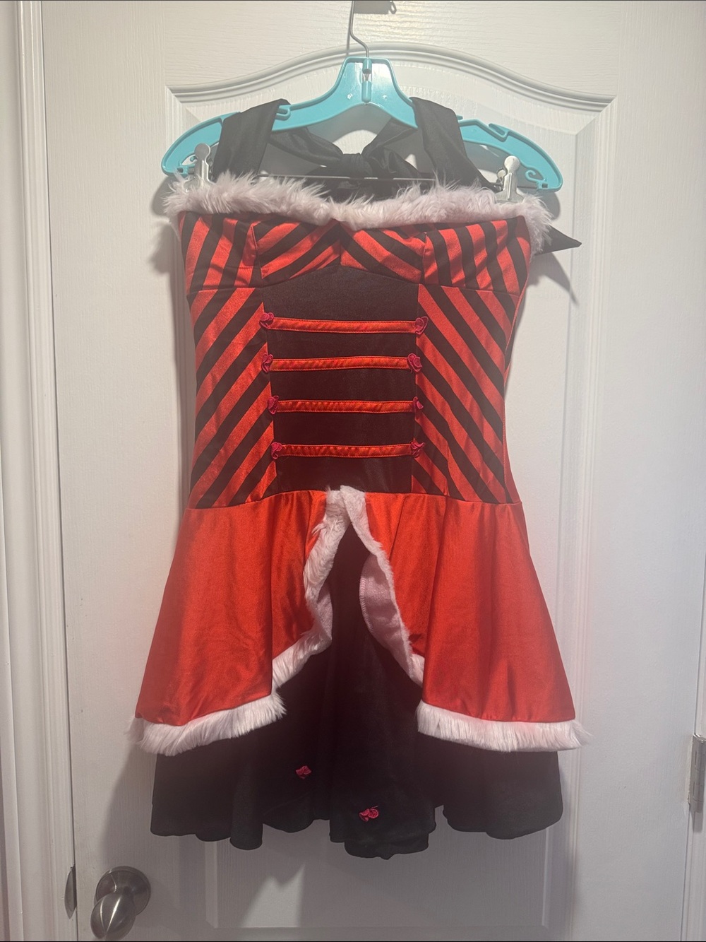M/L Queen of Hearts Halloween Costume Dress Halter Faux Fur Trim Red Black